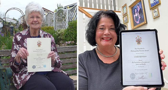Photograph of Mavis Nye (left) and Linda Reinstein with their President’s Distinguished Service Awards